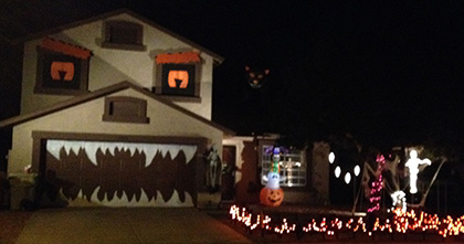 house decorated as monster with halloween decor